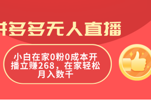 拼多多无人直播,小白在家0粉0成本开播立赚268,在家轻松月入数千