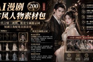 AI漫剧古风人物素材包+提示词｜200 套古代言情三视图，配套专属提示词短剧主角配角直接套用