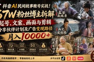 抖音AI民间故事账号实战！67W粉丝博主拆解起号、文案、画面与剪辑，分享伙伴计划及广告变现路径，月入10000+