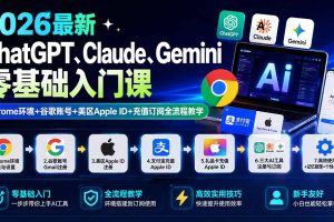 2026最新ChatGPT、Claude、Gemini零基础入门课：Chrome环境+谷歌账号+美区Apple ID+充值订阅全流程教学